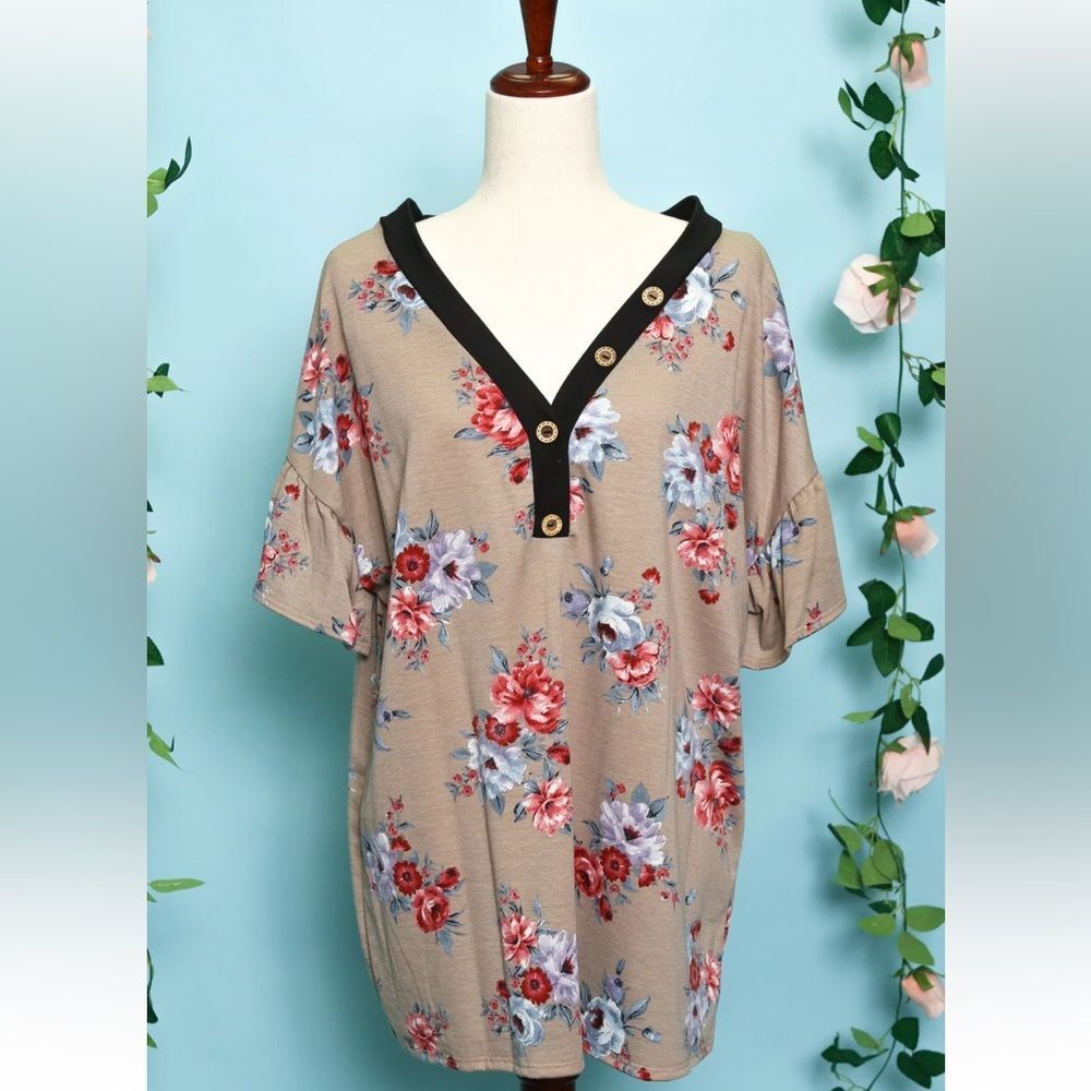 Haptics Floral Gray Blue Henley Knit Top Plus Size 3X